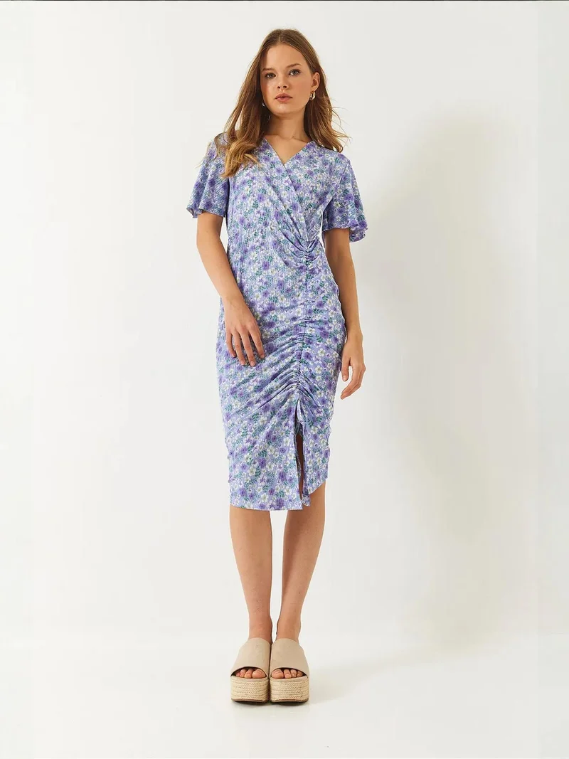 Bianco Lucci LUCCI Floral Print V-Neck Midi Dress with Ruffle Detail