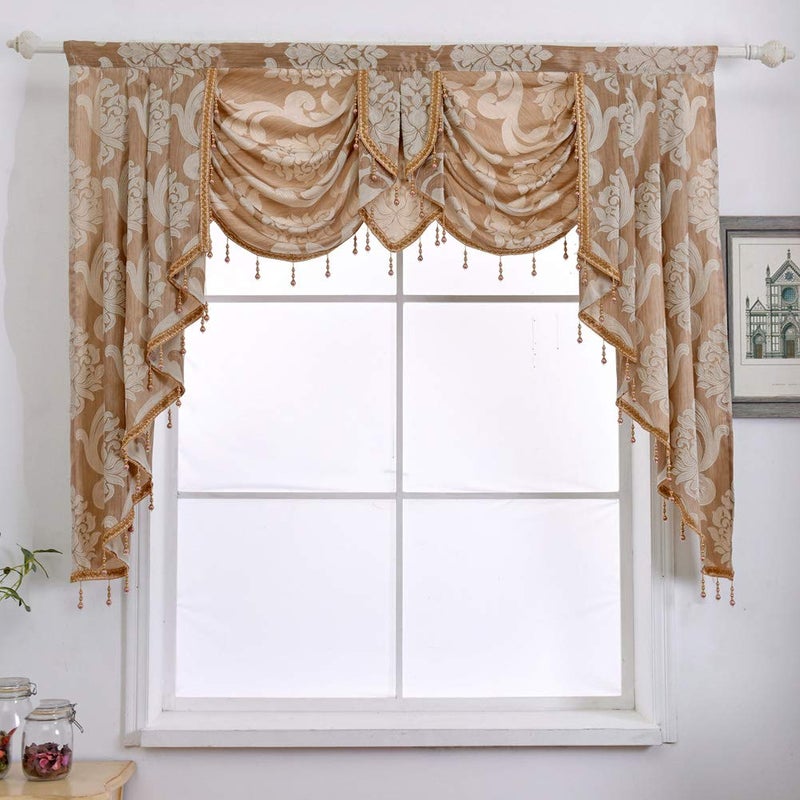 NAPEARL Waterfall Valance for WindowsDamask Valance for Living Room with Beads Jacquard Swag Curtain Valance for Windows 1 Beige Valance 61Inch Wide