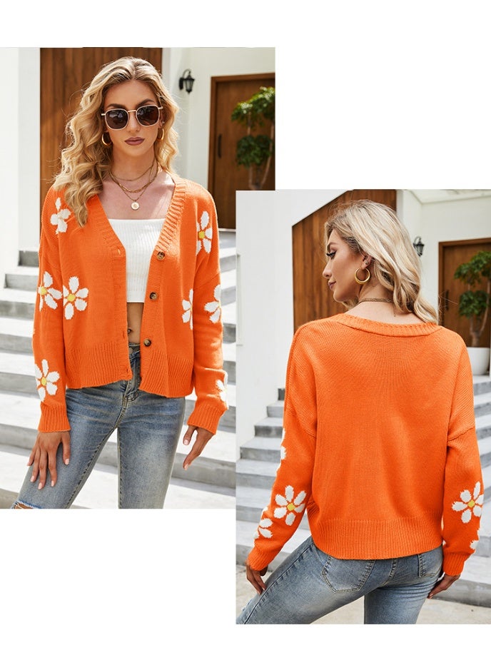 NIBEMINENT Women Loose Knit Cardigan V-neck Long Sleeve Button-down Flower Pattern Sweater Knitwear Spring Fall Casual Tops - Image 2