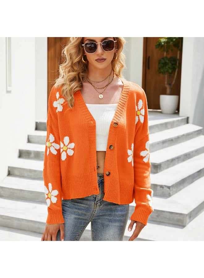 NIBEMINENT Women Loose Knit Cardigan V-neck Long Sleeve Button-down Flower Pattern Sweater Knitwear Spring Fall Casual Tops - Image 1
