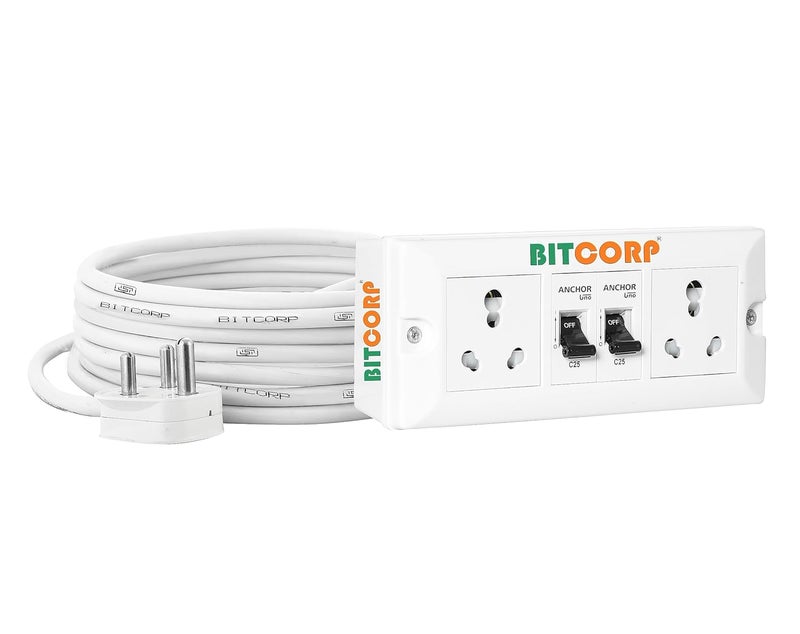 Bitcorp Extension Board Heavy Duty Junction Box 16A 20A 25A 2 Way Socket 2 Mcb 4000 Load Capacity High Voltage with Mcb Thermal Protection Surge Control 5 Meter Long Cable Cord White - Image 1