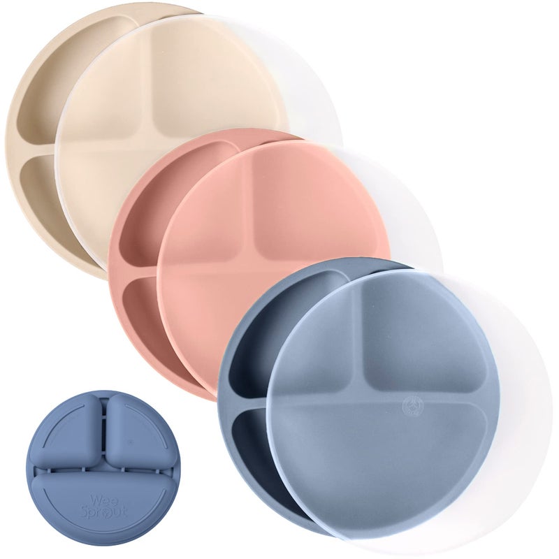 WeeSprout Silicone Plates with Lids for Babies Toddlers 3 Pack 100 FoodGrade Dishes for Self Feeding Divided Design Raised Edges for Picky Eaters Dishwasher Microwave Safe Weaning Supplies