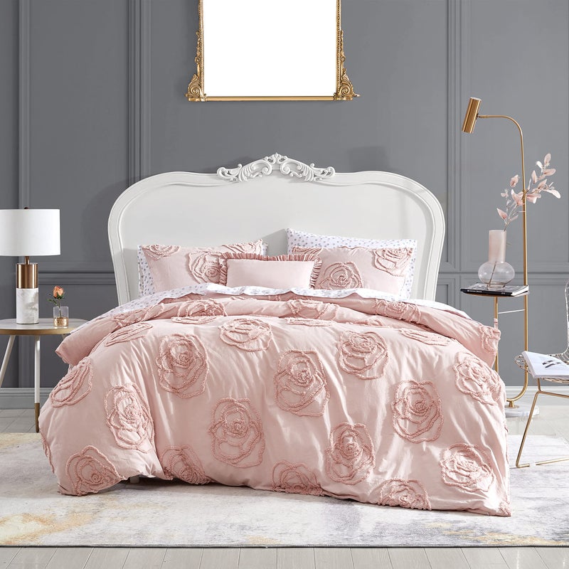 Betsey Johnson Betsey Johnson  King Duvet Cover Set Reversible Cotton Bedding with Matching Shams  Bonus Throw Pillow Chic Bedding Set Rambling Roses Pink King 