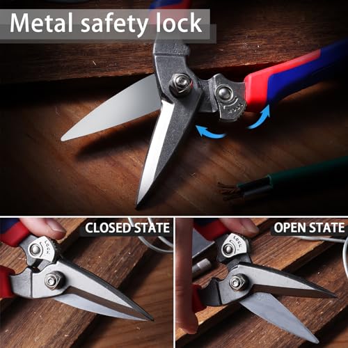BoFuYuan Heavy Duty Industrial Scissors: Utility Sharp Aviation Tin Snips for Cutting Thin Metal Sheet, Fine Iron Wire, Wires, Plastic, Rubber Hose, Carpet, Cardboard （8'' Blue） - Image 4