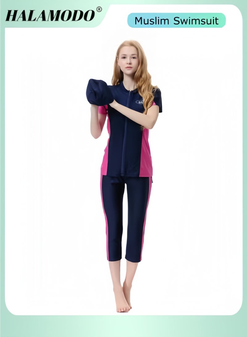 هالامودو 3 قطع ملابس سباحة إسلامية محتشمة للنساء، ملابس سباحة بأكمام قصيرة، ملابس سباحة مغطاة بالكامل، ملابس شاطئ إسلامية، ملابس سباحة - Image 1