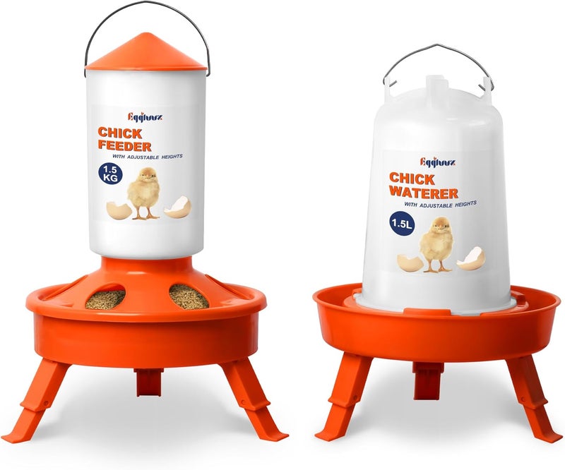 Eggluuz Chick Feeder and Waterer Kit, Top Fill 1.5kg Chick Feeder and 1.5L Chick Waterer with 3 Adjustable Heights - Image 1
