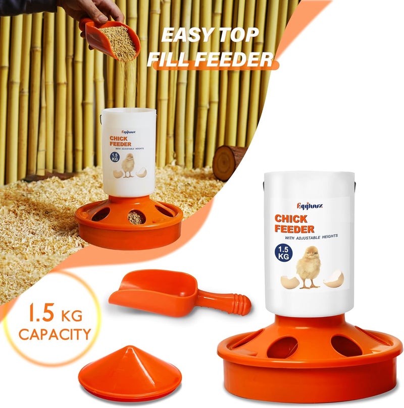 Eggluuz Chick Feeder and Waterer Kit, Top Fill 1.5kg Chick Feeder and 1.5L Chick Waterer with 3 Adjustable Heights - Image 2
