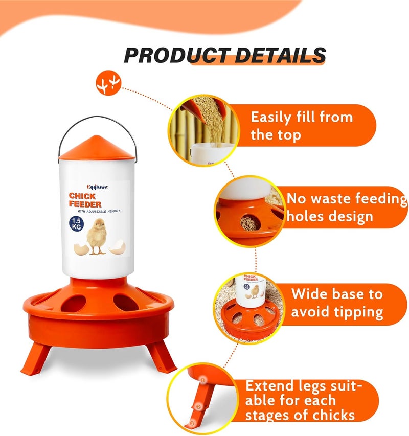 Eggluuz Chick Feeder and Waterer Kit, Top Fill 1.5kg Chick Feeder and 1.5L Chick Waterer with 3 Adjustable Heights - Image 4