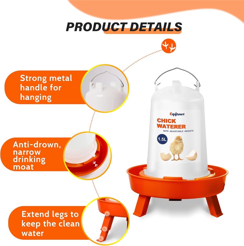 Eggluuz Chick Feeder and Waterer Kit, Top Fill 1.5kg Chick Feeder and 1.5L Chick Waterer with 3 Adjustable Heights - Image 3