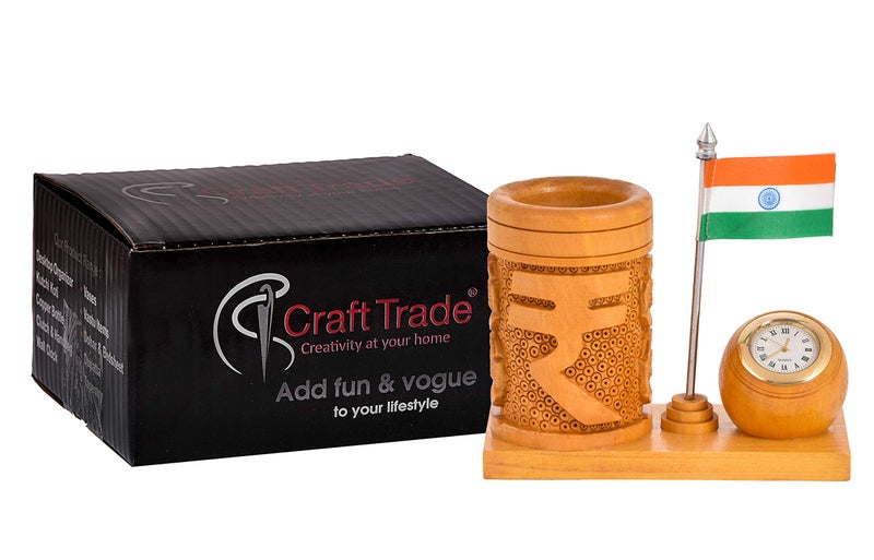 Craft Trade Wooden Pen Stand for Office Table with Clock and National Indian Flag Ashoka Pillar Pencil Holder Desk Organizer - Image 4