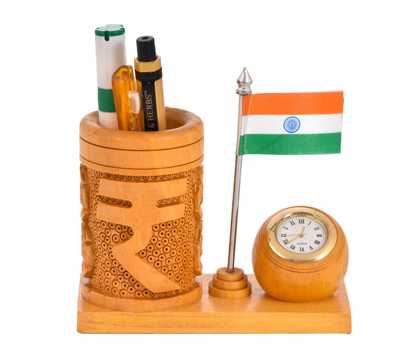 Craft Trade Wooden Pen Stand for Office Table with Clock and National Indian Flag Ashoka Pillar Pencil Holder Desk Organizer - Image 2