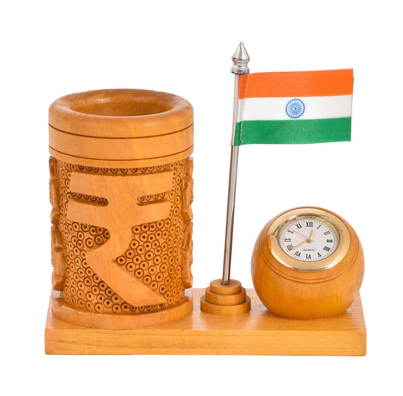 Craft Trade Wooden Pen Stand for Office Table with Clock and National Indian Flag Ashoka Pillar Pencil Holder Desk Organizer - Image 1