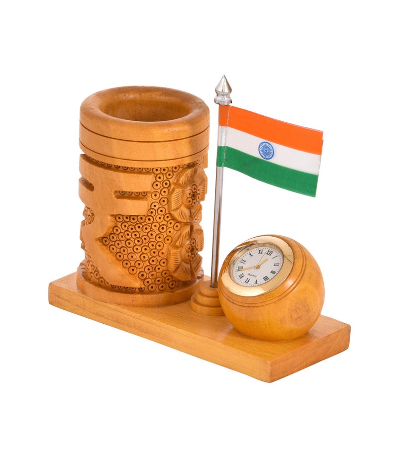 Craft Trade Wooden Pen Stand for Office Table with Clock and National Indian Flag Ashoka Pillar Pencil Holder Desk Organizer - Image 3