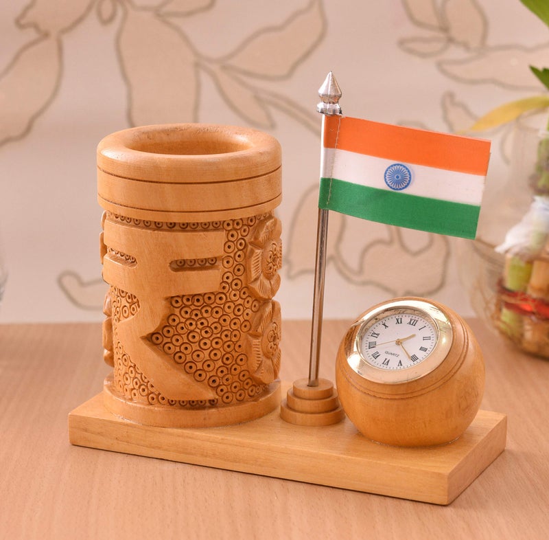 Craft Trade Wooden Pen Stand for Office Table with Clock and National Indian Flag Ashoka Pillar Pencil Holder Desk Organizer - Image 5
