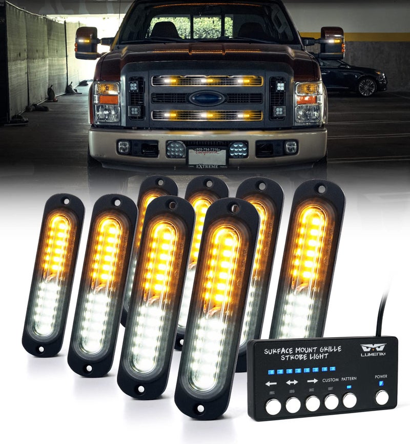 مجموعة أضواء فلاش LED لومنكس بيضاء عنبر مع وحدة تحكم 8 قطع لمؤشرات الطوارئ والتحذير لمركبات البناء والشاحنات مع ميزة تزامن المرور