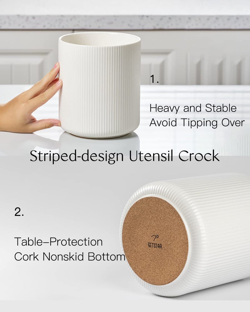 getstar Large Kitchen Utensil Holder for Kitchen Counter (H7.2â€ x W6.2â€), Ceramic Cooking Utensil Holder with Cork Mat (White, Large(7.2")) - Image 3