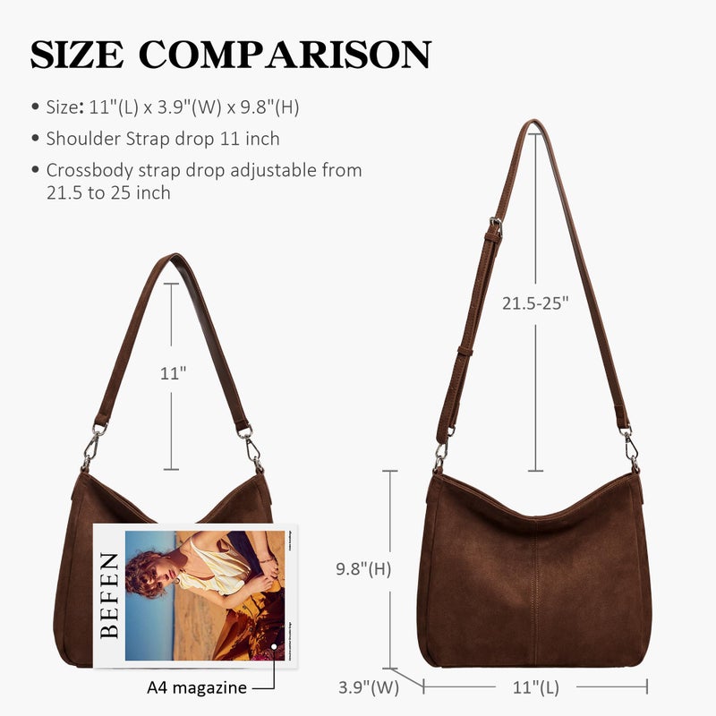 befen Leather Suede Bag Hobo Bags Purses for Women, Women's Shoulder bag Handbags Crossbody Bag with 2 Shoulder Straps Suede Hobo Coffee - Image 3
