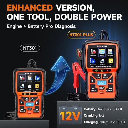 FOXWELL NT301 Plus 2-in-1 OBD2 Scanner Battery Tester, Professional Check Engine Code Reader Car Diagnostic Tool, Live Data, 12V 100-1100CCA Cranking Charging Analyzer for 1996 or Newer Vehicle - Image 2