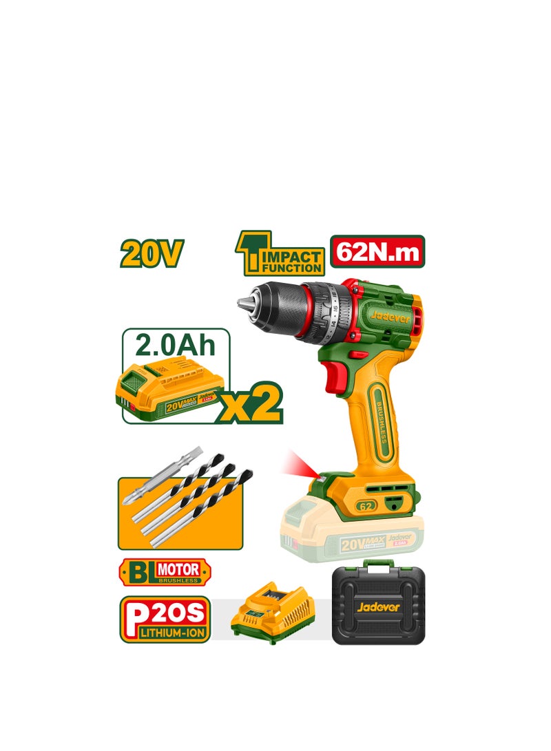 Jadever Total 20V 62Nm 13mm Brushless Cordless Drill with 2 Batteries and Bag  JDCDP6281
