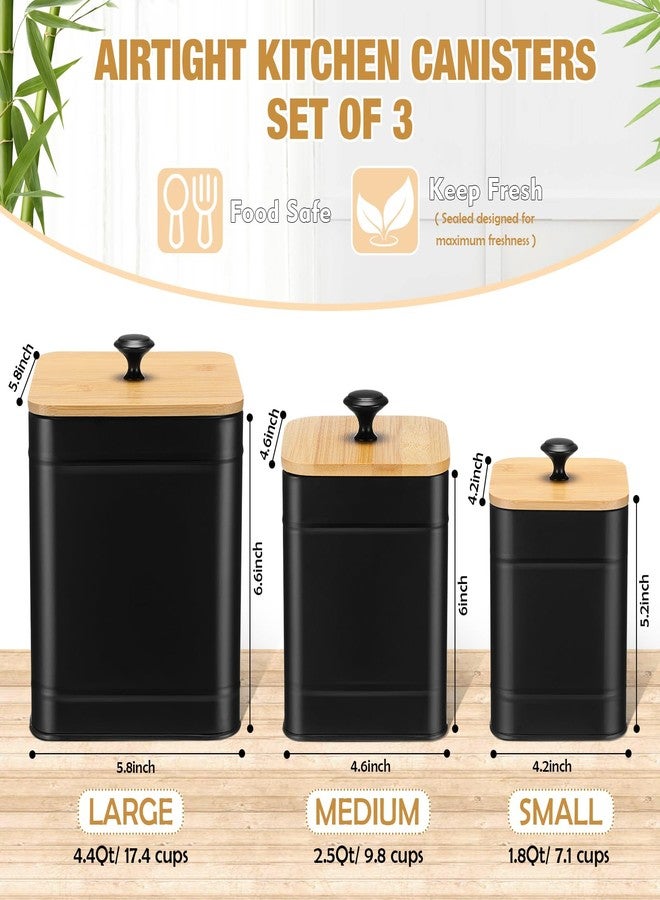 Tioncy Kitchen Canisters for Countertop Set of 3 Metal Canisters Sets with Bamboo Lids Spoon Airtight High Capacity Coffee Tea Sugar Flour Jars with DIY Labels Farmhouse Food Storage(Black,L,M,S) - Image 2