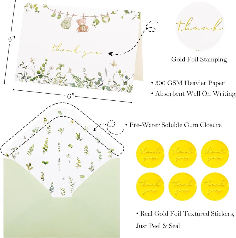 Crisky Sage Green Baby Shower Thank You Cards with Envelopes  Stickers50 Pack Eucalyptus Baby Thank You Cards Bulk with Watercolor Wildflower Design for Newborn Boy Girl Birthday - Image 2