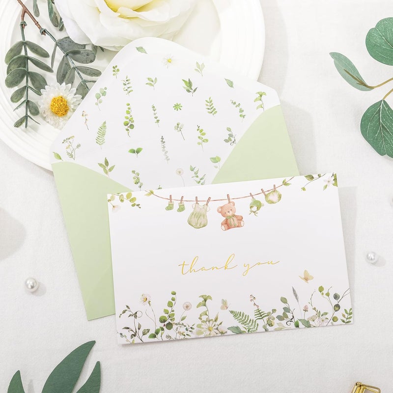 Crisky Sage Green Baby Shower Thank You Cards with Envelopes  Stickers50 Pack Eucalyptus Baby Thank You Cards Bulk with Watercolor Wildflower Design for Newborn Boy Girl Birthday - Image 4