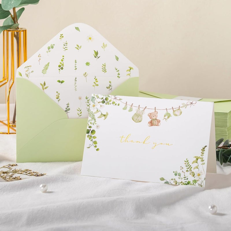 Crisky Sage Green Baby Shower Thank You Cards with Envelopes  Stickers50 Pack Eucalyptus Baby Thank You Cards Bulk with Watercolor Wildflower Design for Newborn Boy Girl Birthday - Image 3
