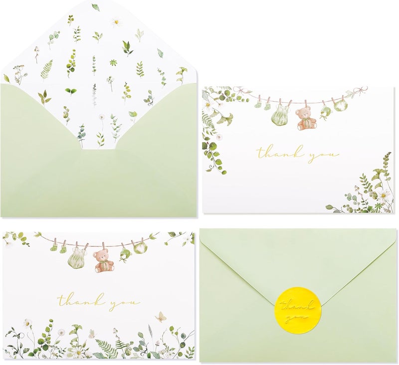 Crisky Sage Green Baby Shower Thank You Cards with Envelopes  Stickers50 Pack Eucalyptus Baby Thank You Cards Bulk with Watercolor Wildflower Design for Newborn Boy Girl Birthday - Image 1