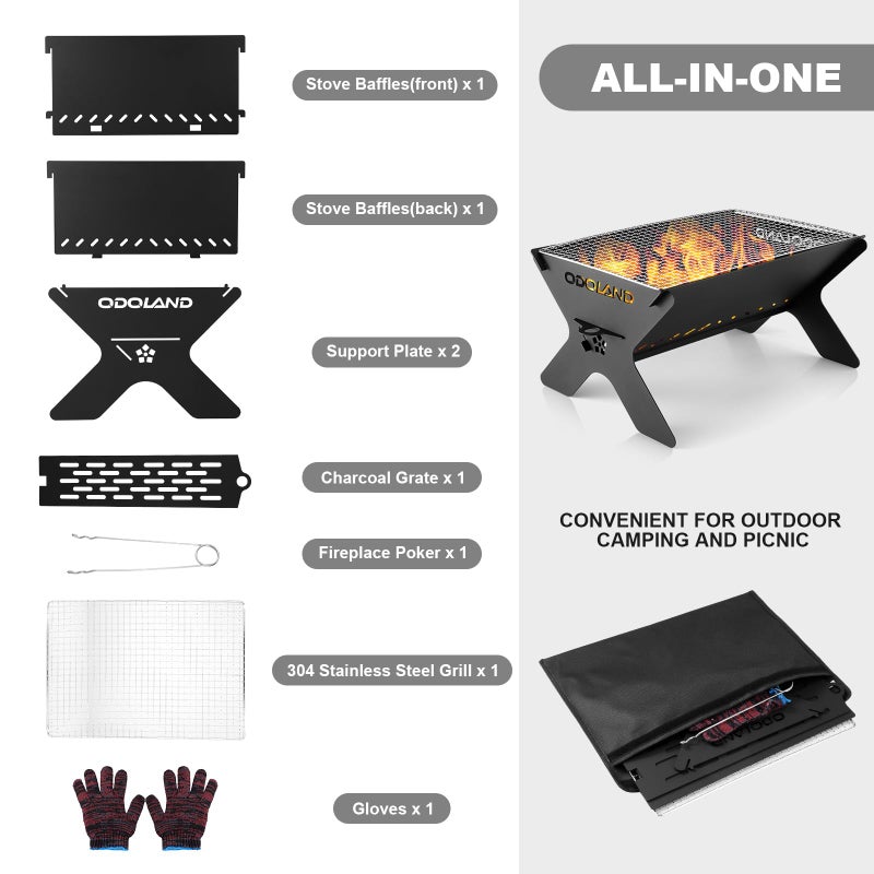 Odoland Camping Campfire Grill, Portable Folding Charcoal Grills, Backpacking BBQ Heavy Duty Firepit Grill with Carry Bag for Outdoor Cooking, Bonfire, Patio, Backyard - Image 2