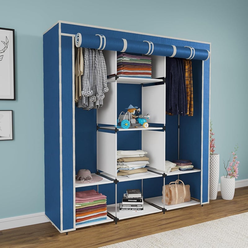 Whitecloud TRANSFORMING HOMES Whitecloud TRANSFORMING HOMES Collapsible Wardrobe Portable Foldable Closet for Clothes Almira 2 Hanging Space 8 Shelves NonWoven Fabric 90 GSM 88230 Blue  - Image 1