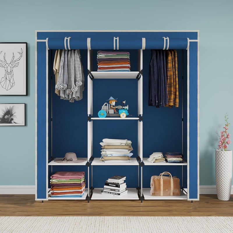 Whitecloud TRANSFORMING HOMES Whitecloud TRANSFORMING HOMES Collapsible Wardrobe Portable Foldable Closet for Clothes Almira 2 Hanging Space 8 Shelves NonWoven Fabric 90 GSM 88230 Blue  - Image 2