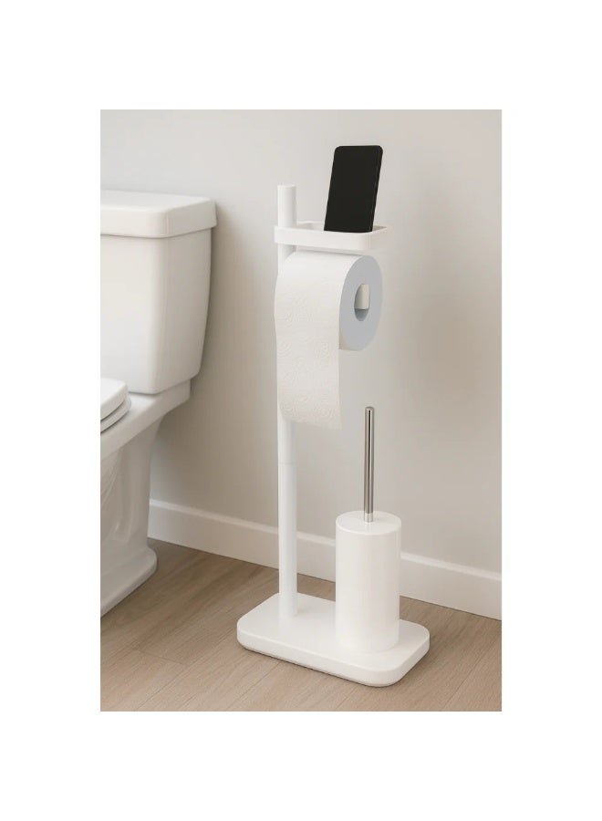 Primanova Freestanding Toilet Paper Holder with Toilet Brush and Storage Shelf, PP Plastic and Stainless Steel Bathroom Stand, Compact 75 cm Design (White) - Image 3