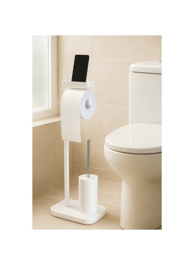 Primanova Freestanding Toilet Paper Holder with Toilet Brush and Storage Shelf, PP Plastic and Stainless Steel Bathroom Stand, Compact 75 cm Design (White) - Image 2