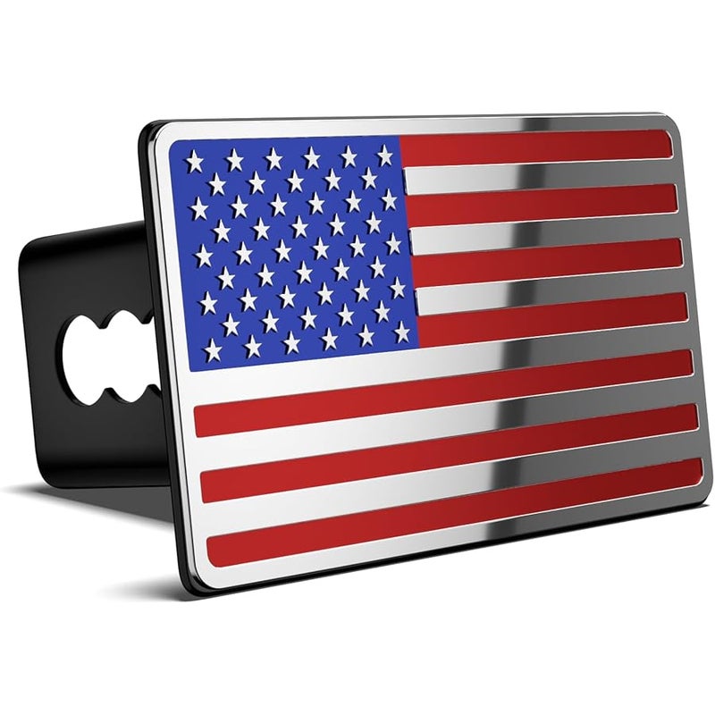 OGYE 2 Inch Trailer Hitch Cover with American Flag, Heavy Metal Trailer Hitch Cover Fit for 2 Inch Hitch Receivers (with 5/8 Pin Dia Anti-Theft Trailer Hitch Lock),3 * 5 Blue/Red/Chrome - Image 2