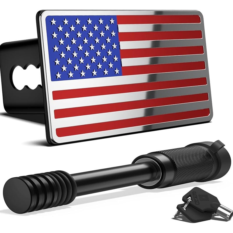 OGYE 2 Inch Trailer Hitch Cover with American Flag, Heavy Metal Trailer Hitch Cover Fit for 2 Inch Hitch Receivers (with 5/8 Pin Dia Anti-Theft Trailer Hitch Lock),3 * 5 Blue/Red/Chrome - Image 1