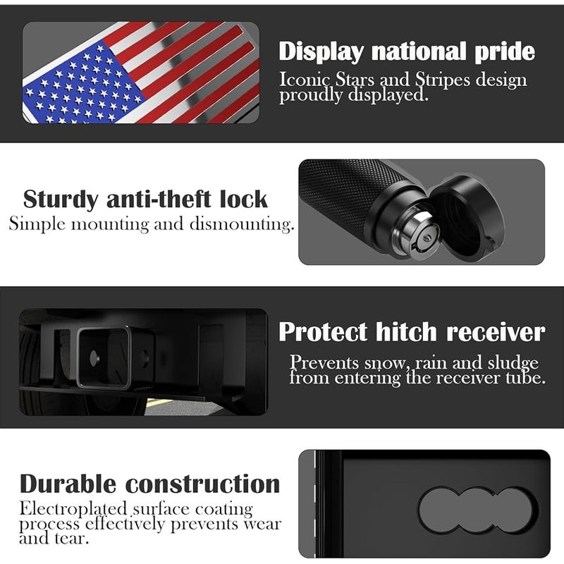 OGYE 2 Inch Trailer Hitch Cover with American Flag, Heavy Metal Trailer Hitch Cover Fit for 2 Inch Hitch Receivers (with 5/8 Pin Dia Anti-Theft Trailer Hitch Lock),3 * 5 Blue/Red/Chrome - Image 3
