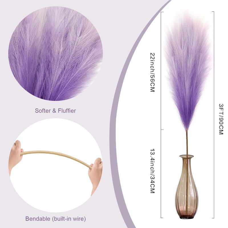 KALYLOC 8Pcs 3FT Purple Colorful Faux Pampas Grass, KALYLOC Fake Artificial Pampass Grass Decor, Filler Tall Pampas Grass Reed Fluffy Stems Plant for Home Boho Living Room Wedding Decoration - Image 2
