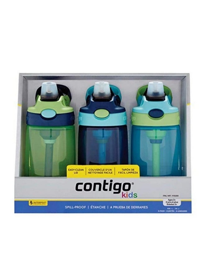كونتيجو زجاجة مياه للأطفال 14 أونصة مع تقنية الفتح التلقائي، تصميم غطاء سهل التنظيف مقاوم للانسكاب للأعمار من 3 سنوات بالإضافة إلى رف علوي آمن للاستخدام في غسالة الأطباق، 3 عبوات أخضر / أزرق أزرق أخضر - Image 1