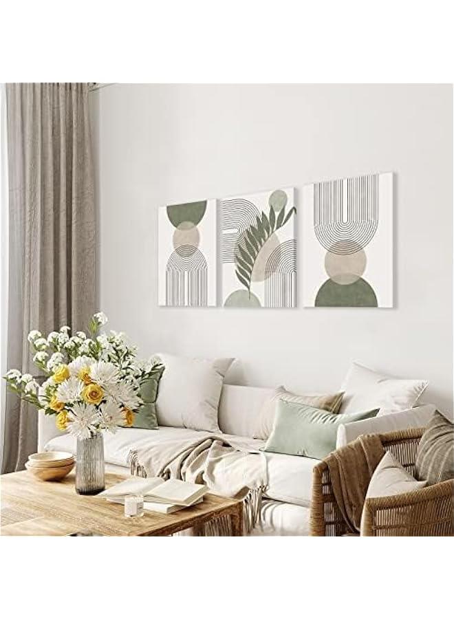 KBKBART Sage Green Boho Wall Art Set of 3, Minimalist Framed Wall Art Geometric Line Leaf Sun Moon Beige Green Canvas Artwork Paintings, Abstract Botanical Boho Room Decor, Office, 12x16 - Image 2