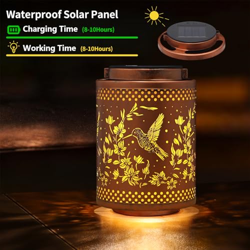 Tepaken Hummingbird Solar Lanterns Garden Decor Birthday Gifts for Women Mon Grandma Metal Hanging Solar Lights Waterproof Outdoor Decoration for Outside LED Lanterns for Yard Patio Lawn Pathway Landscape - Image 2