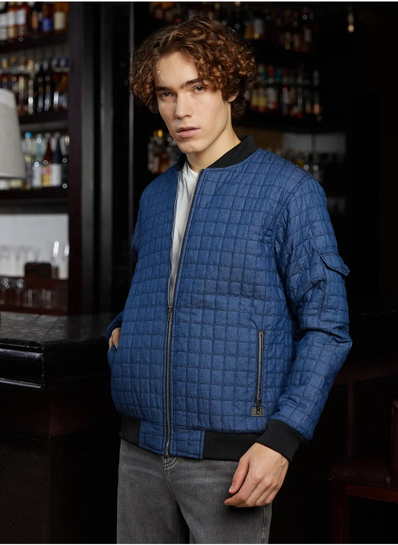 Campus Sutra Men's Indigo Blue Cubic-Quilted Bomber Jacket
