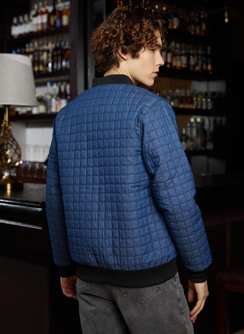 كامبوس سوترا Men's Indigo Blue Cubic-Quilted Bomber Jacket  - Image 5