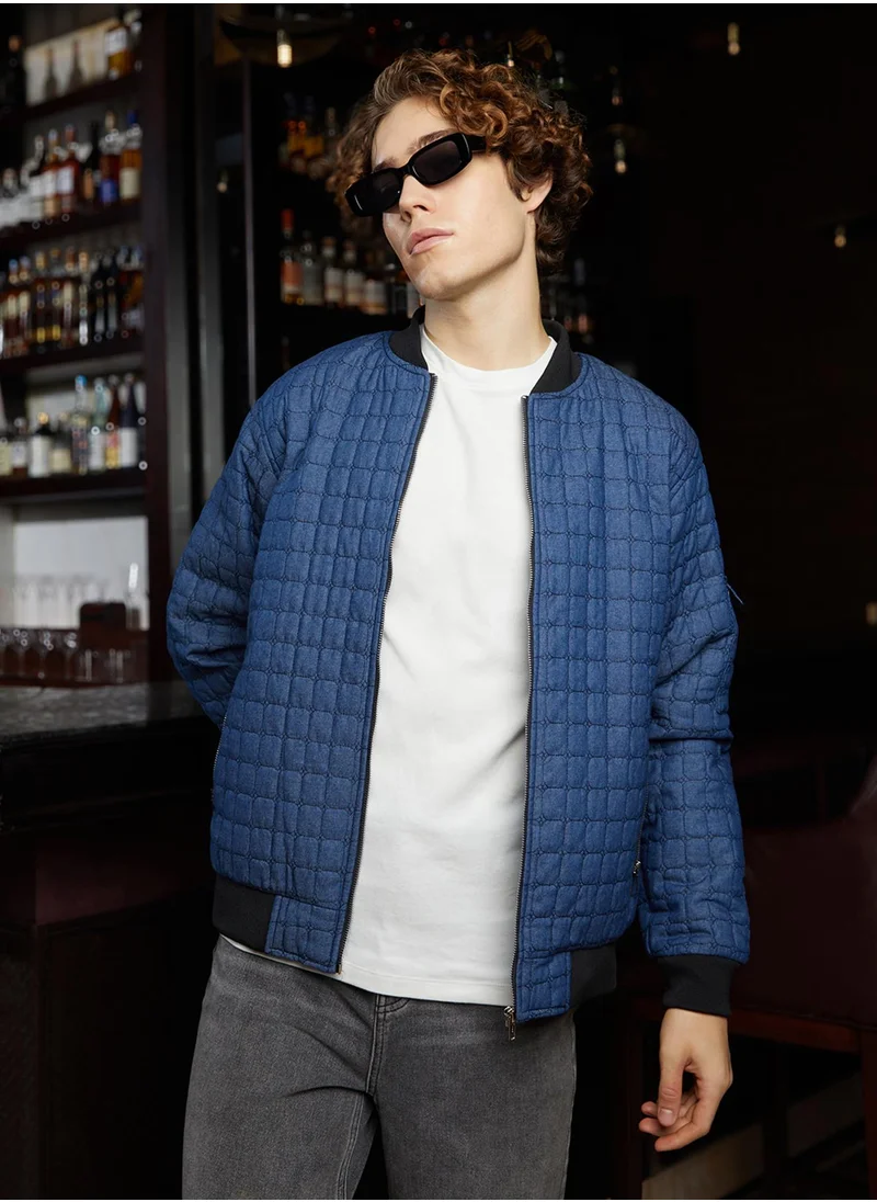 Campus Sutra Men's Indigo Blue Cubic-Quilted Bomber Jacket