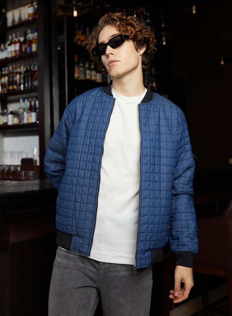 كامبوس سوترا Men's Indigo Blue Cubic-Quilted Bomber Jacket  - Image 1