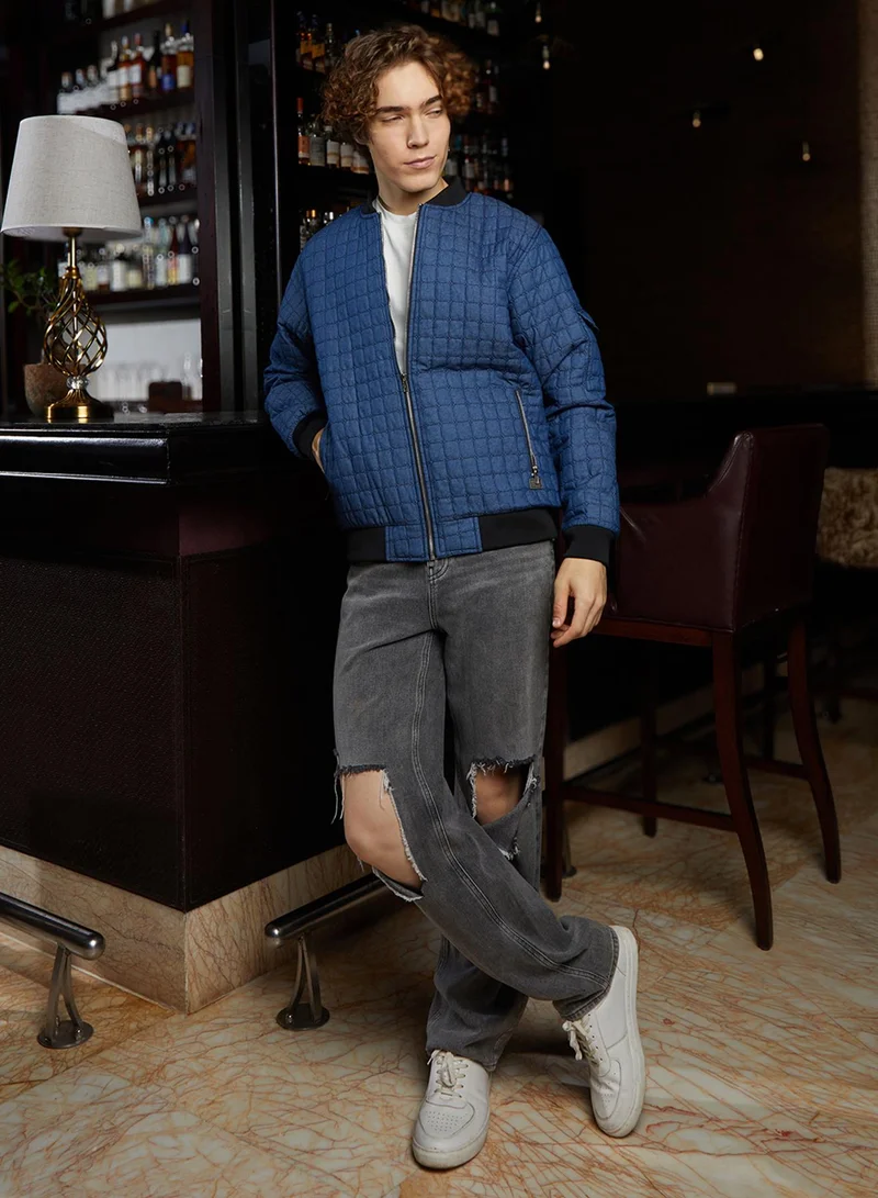 كامبوس سوترا Men's Indigo Blue Cubic-Quilted Bomber Jacket