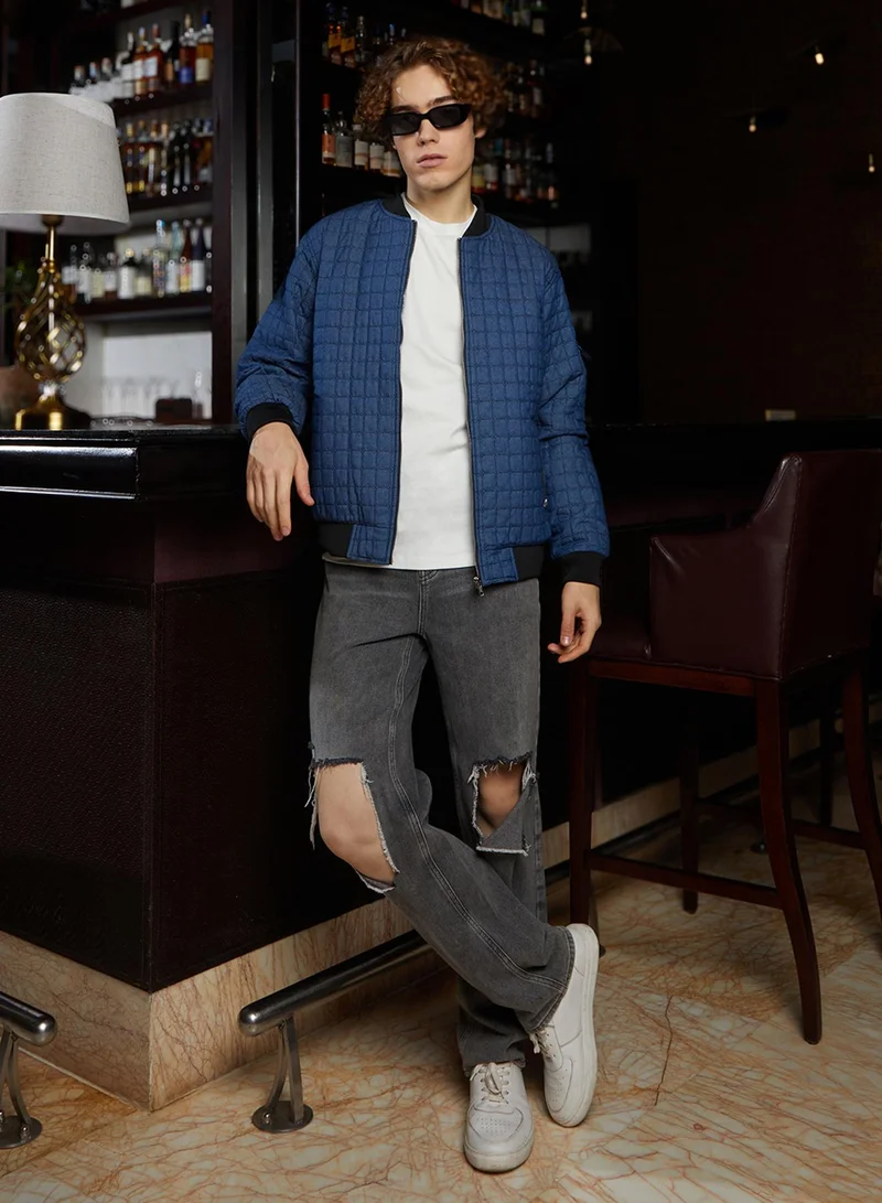 كامبوس سوترا Men's Indigo Blue Cubic-Quilted Bomber Jacket
