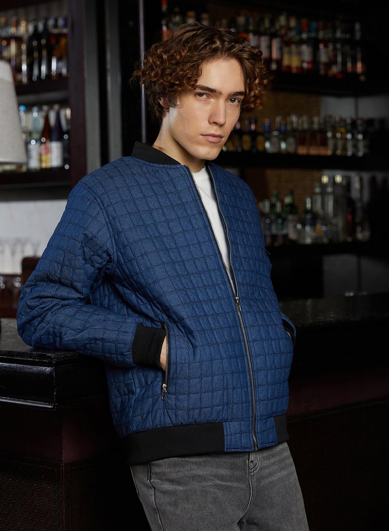 كامبوس سوترا Men's Indigo Blue Cubic-Quilted Bomber Jacket  - Image 3
