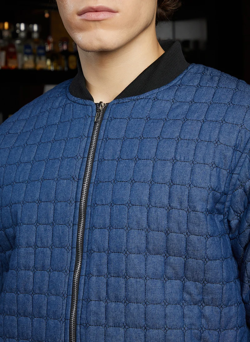 كامبوس سوترا Men's Indigo Blue Cubic-Quilted Bomber Jacket