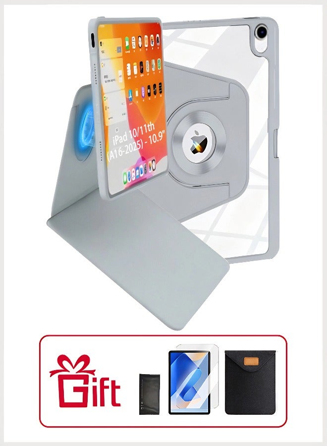 iPad 11th Generation Case (A16 2025) Case And iPad 10th 10.9 Inch Case, iPad Case 360 Degree Rotation With Pen Slot/Convenient Magnetic Attachment/Auto Sleep/Wake Slim Stand/Transparent Tpu Protective Case/AED 35 Gift Set Anti-Glare Protective Film/Felt Tablet Pouch - Gray - Image 1