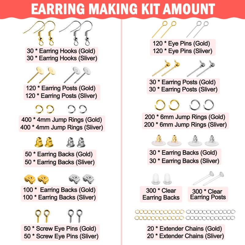 Caffox Earring Making Supplies Kit, Caffox 2900pcs Earring Hardware Pieces Repair Parts with Earring Hooks Posts Backs and Jump Rings for Making Earrings Studs and Jewelry Making (Silver & Gold) - Image 4